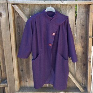 Retro Purple Car Coat with Attached Scarf